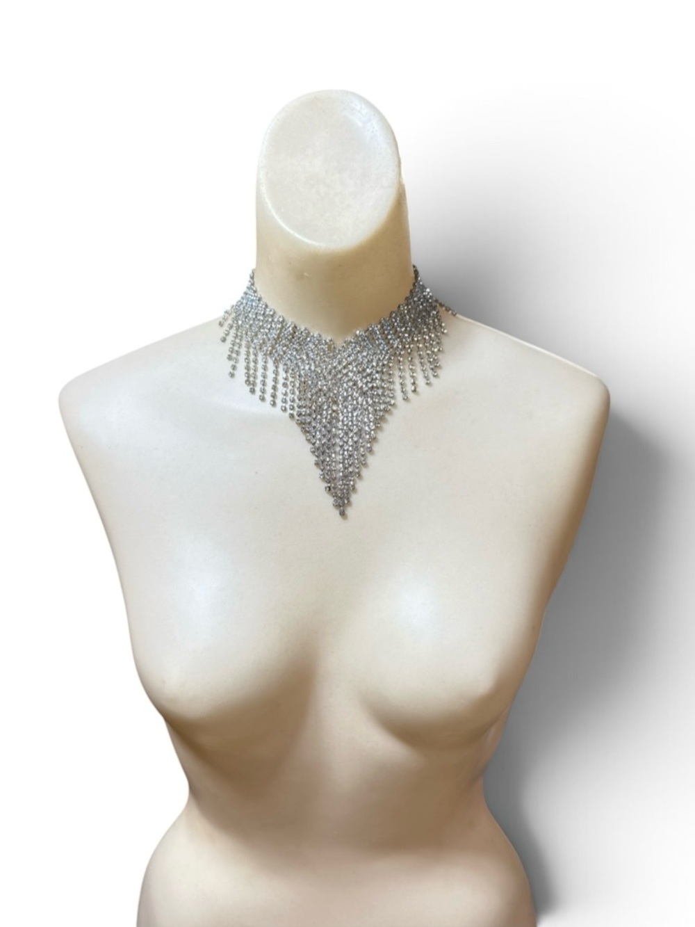 Vintage 90s Y2K Rhinestone Waterfall Bib Choker Silver Tone Statement Necklace